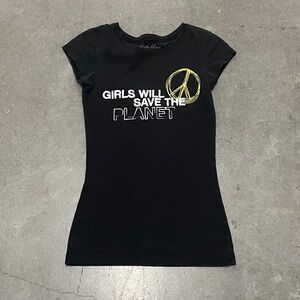 2000s Woman’s Y2K Blouse Top Size Small Girls Will Save The Planet Shirt Black